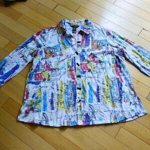 Ali Miles Art Wear Stretch Knit Button Up Shirt Short Sleeve City Print Size 1X